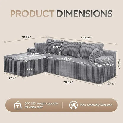 Modular L-Shaped 3-Seat Sectional Deep Seating Sofa