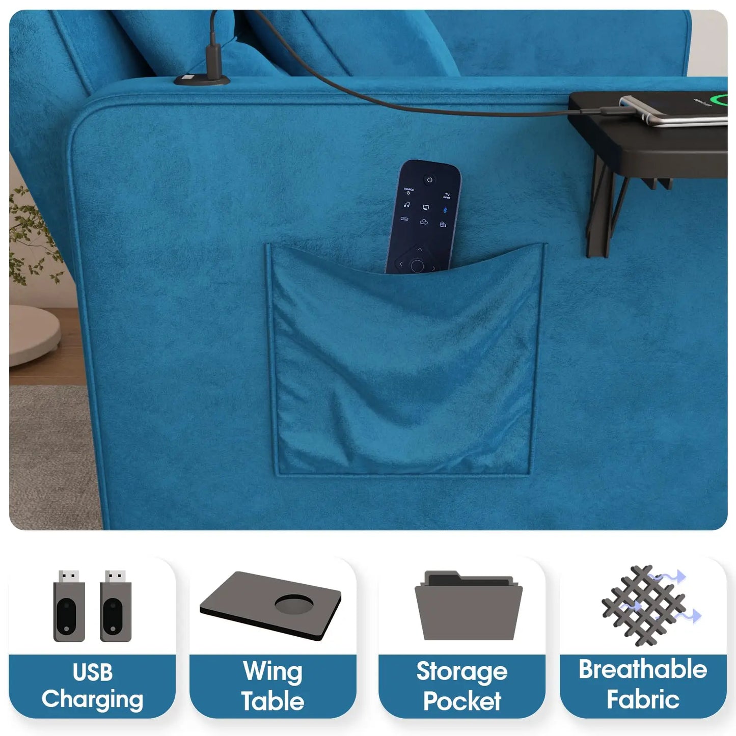 Velvet Chaise Lounge Chair with USB Ports & Two Pillows
