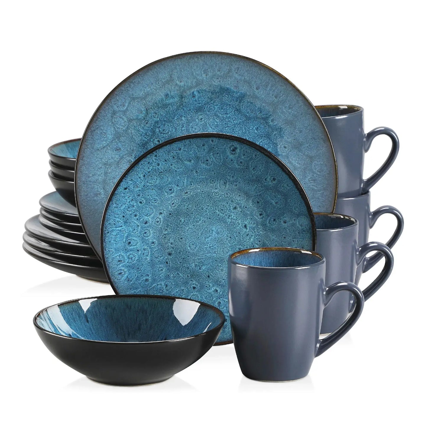16/32/48-Piece Vintage Ceramic Blue/Brown Stoneware Set