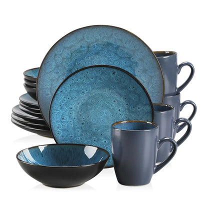16/32/48-Piece Vintage Ceramic Blue/Brown Stoneware Set