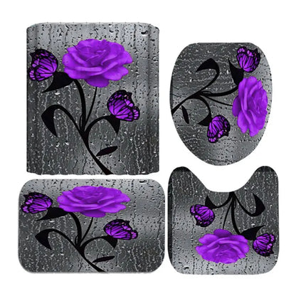 4pcs Set Shower Curtain, Non-Slip Rugs, Toilet Seat Cover Durable Waterproof Decor