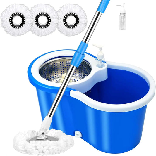 Spin Round Mop Bucket System with Wringer 3 Mopheads And  Extendable Handle