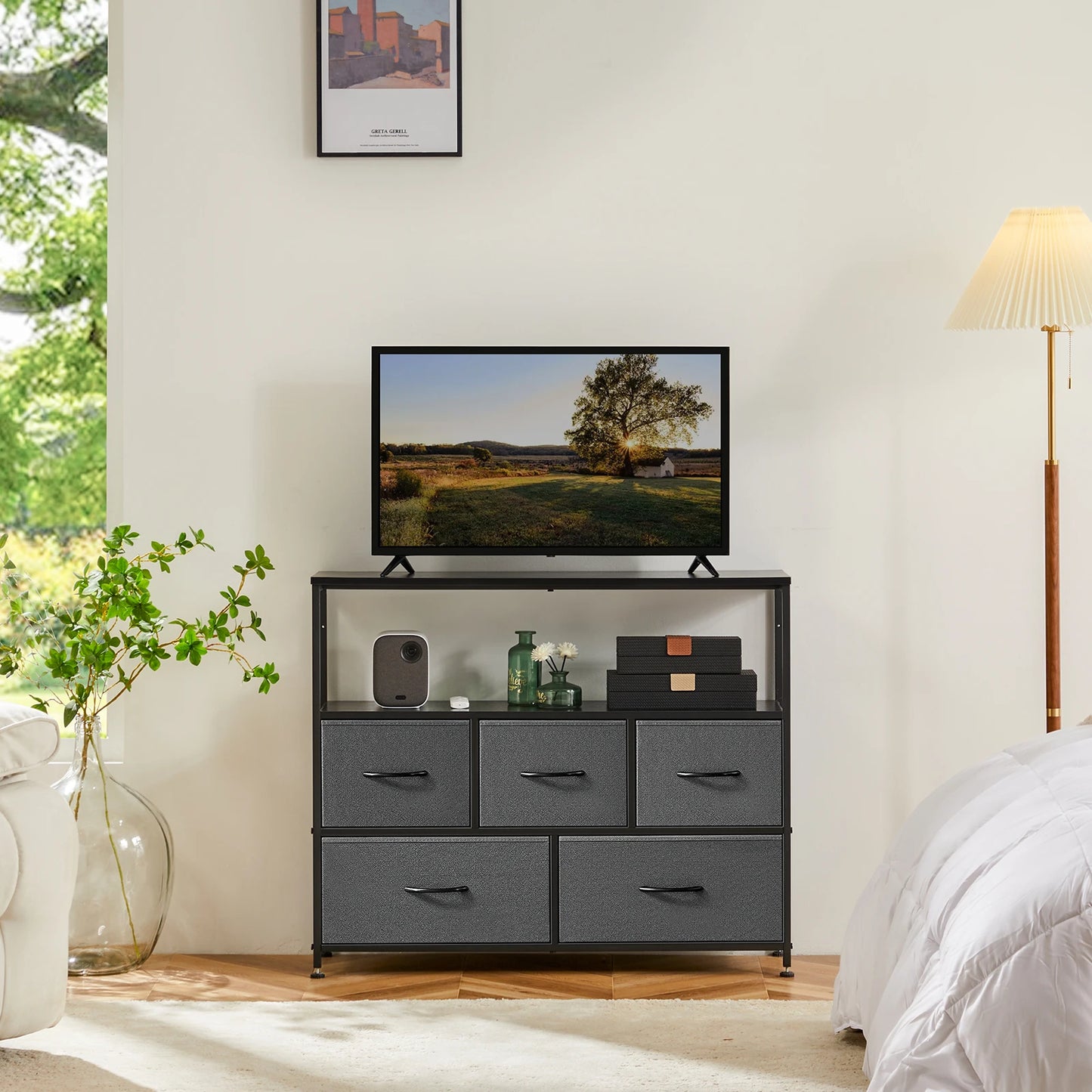 TV Stand With 5 Fabric Drawers For Storage And Display Self