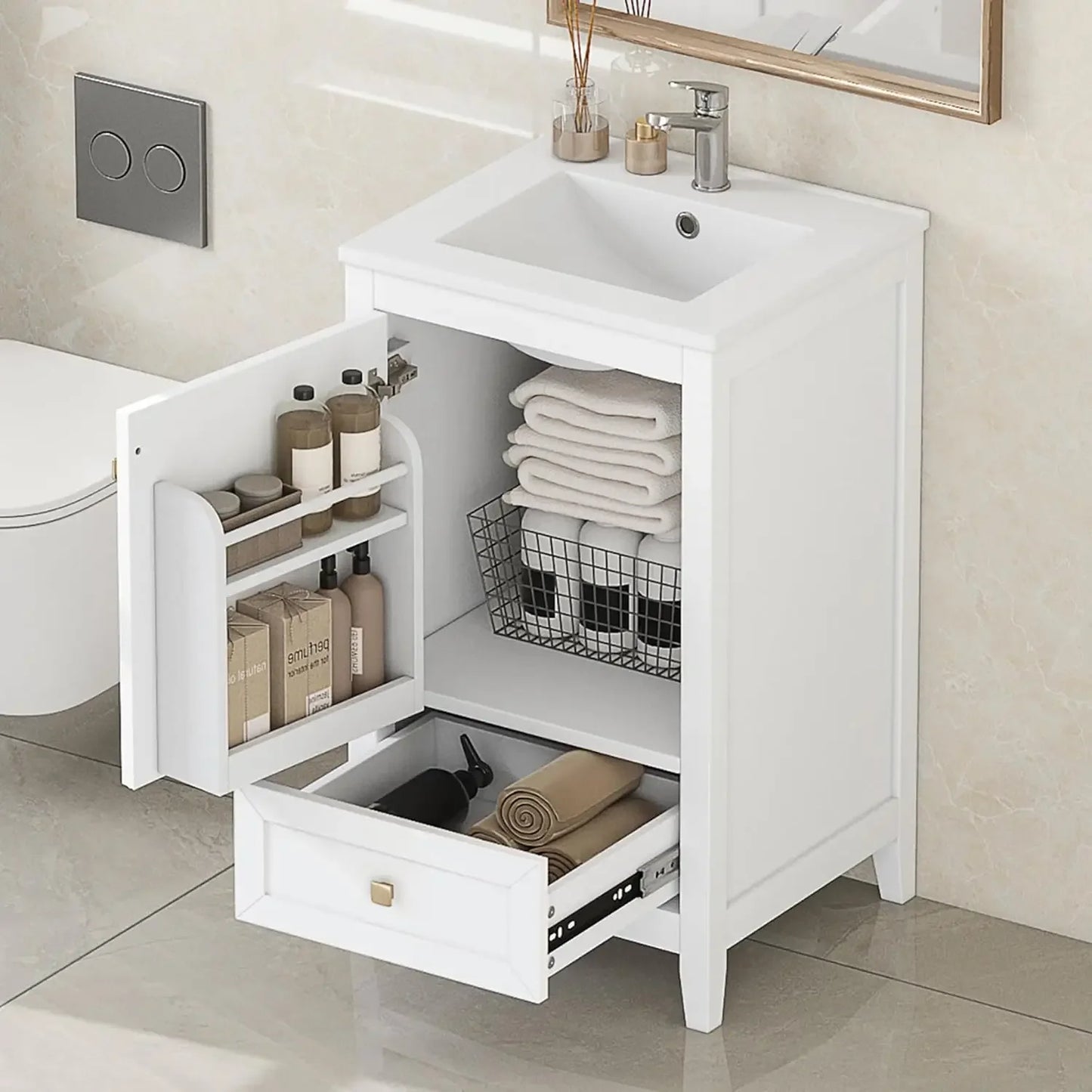 20-inch Solid Wood Vanity Set with Ceramic Sink, Free Standing Cabinet