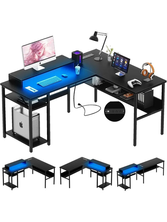 Reversible L Shaped Desk with Power Outlets, Smart LED Light