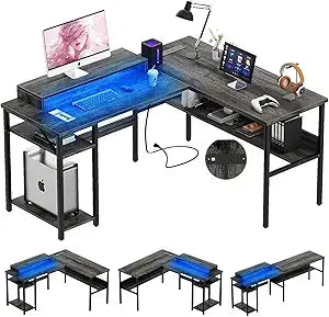 Reversible L Shaped Desk with Power Outlets, Smart LED Light
