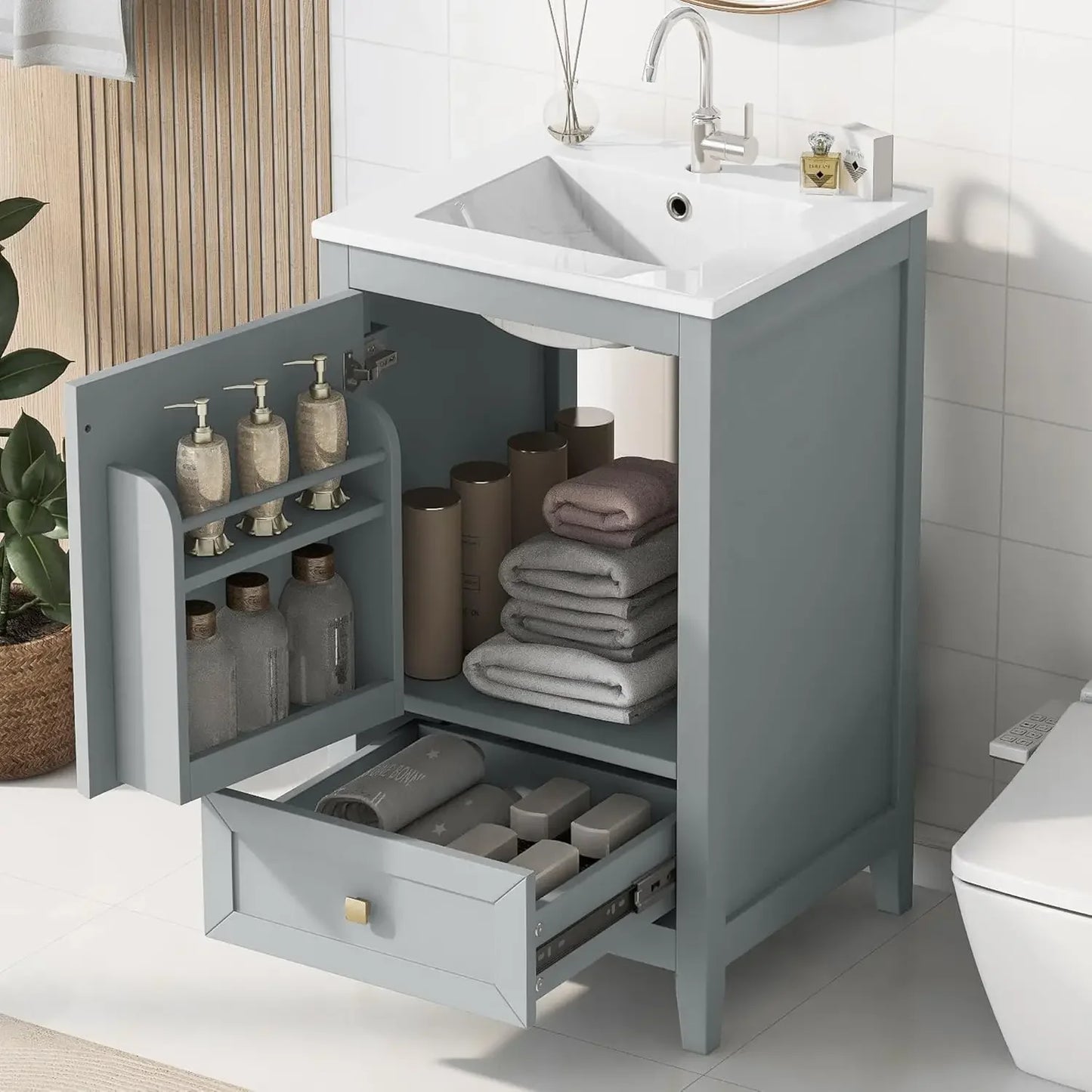 20-inch Solid Wood Vanity Set with Ceramic Sink, Free Standing Cabinet
