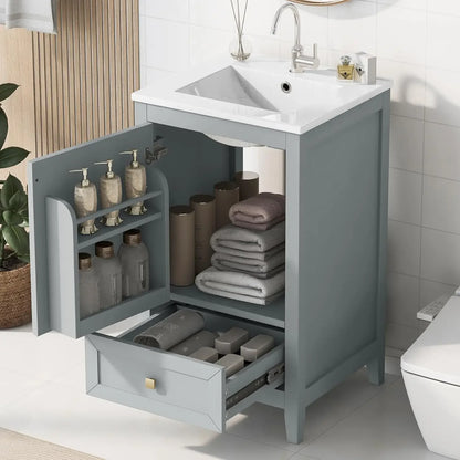 20-inch Solid Wood Vanity Set with Ceramic Sink, Free Standing Cabinet