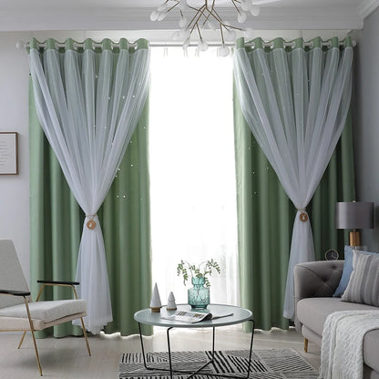 2 Panels Double Layer Blackout Curtains with Stars and Solid Colors