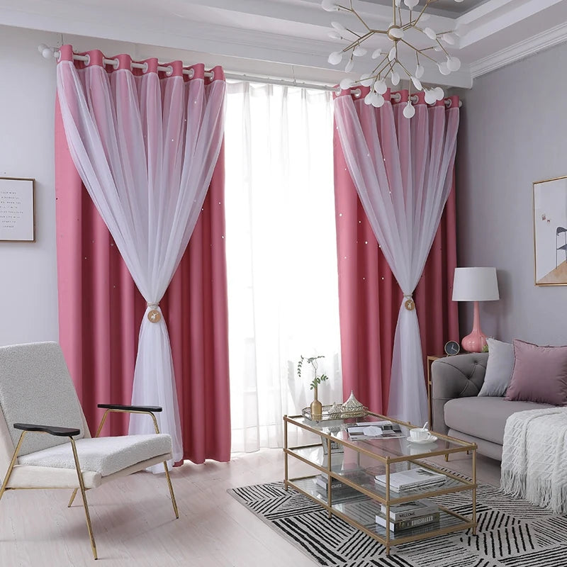 2 Panels Double Layer Blackout Curtains with Stars and Solid Colors
