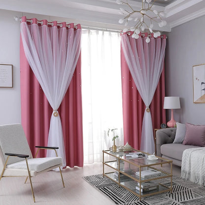 2 Panels Double Layer Blackout Curtains with Stars and Solid Colors