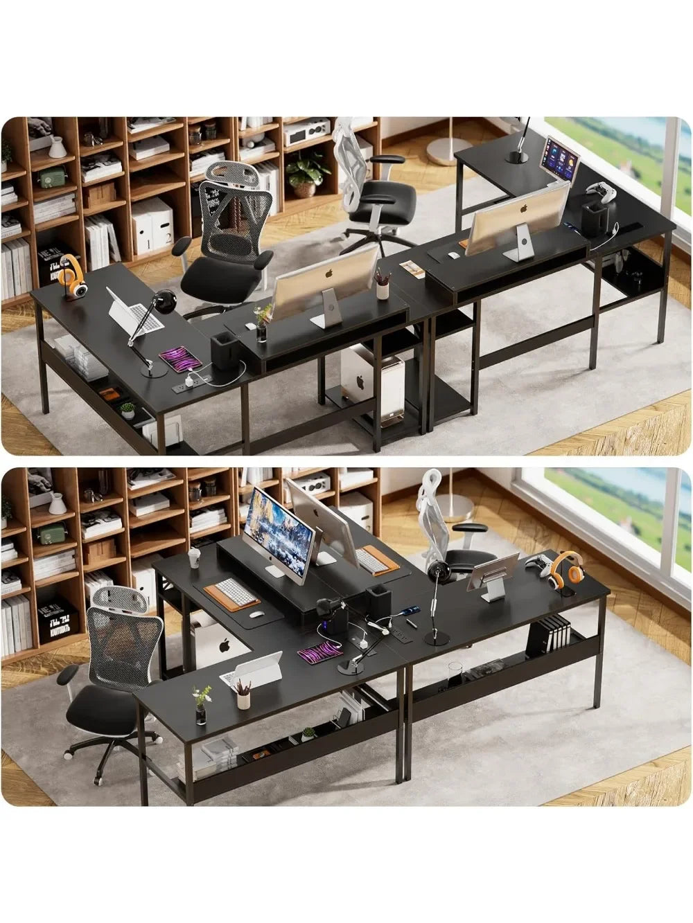 Reversible L Shaped Desk with Power Outlets, Smart LED Light