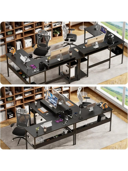 Reversible L Shaped Desk with Power Outlets, Smart LED Light
