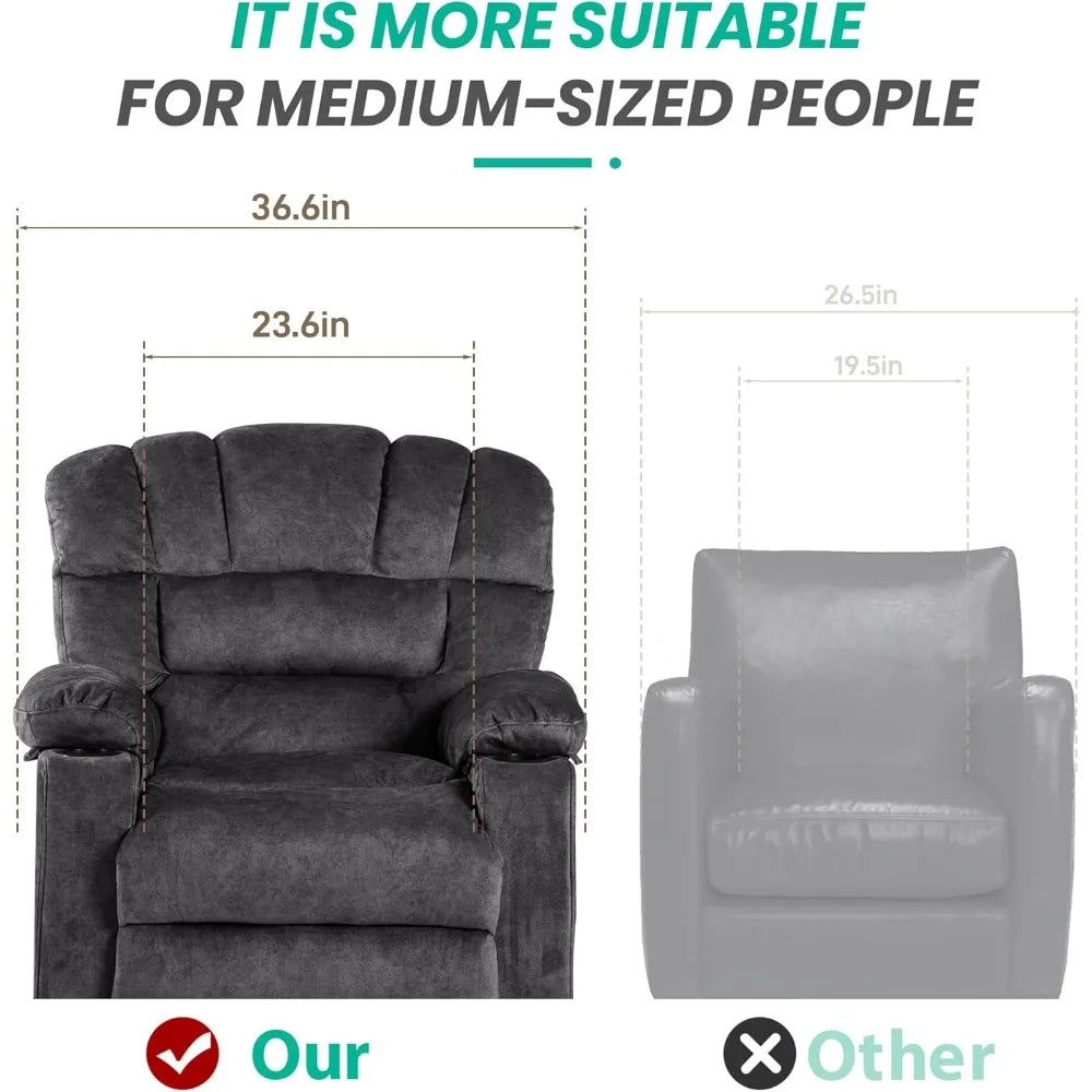 Recliner Chair Modern Ergonomic Lounge Single Sofa Seat Living Room Gravity Recliners Foam Filling 2 Cup Holders & Side Pocket