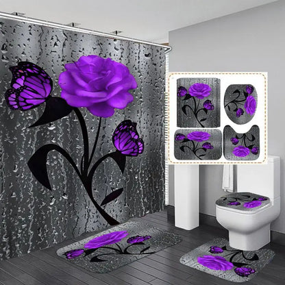 4pcs Set Shower Curtain, Non-Slip Rugs, Toilet Seat Cover Durable Waterproof Decor